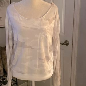 VS PINK SMALL OFF THE SHOULDER CREW CAMO SWEATER